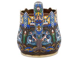 LARGE RUSSIAN 88 GILT SILVER CLOISONNE ENAMEL CUP