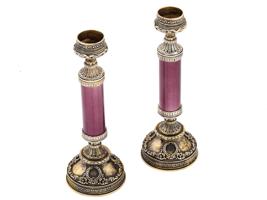 RUSSIAN 88 SILVER GUILLOCHE ENAMEL CANDLESTICKS