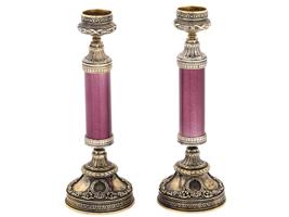 RUSSIAN 88 SILVER GUILLOCHE ENAMEL CANDLESTICKS