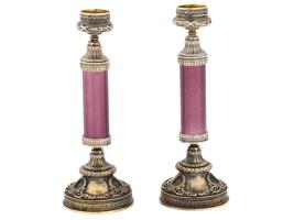 RUSSIAN 88 SILVER GUILLOCHE ENAMEL CANDLESTICKS