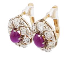 RUSSIAN 14K GOLD RUBY DIAMOND CLUSTER EARRINGS