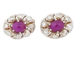 RUSSIAN 14K GOLD RUBY DIAMOND CLUSTER EARRINGS