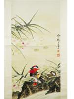 VINTAGE CHINESE HANGING SCROLL FLORAL BIRD PAINTING
