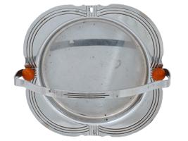 ART DECO CHROME AND BAKELITE HANDLED SERVING TRAYS