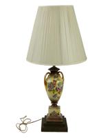 EUROPEAN GILT HAND PAINTED PORCELAIN LAMP W SHADE