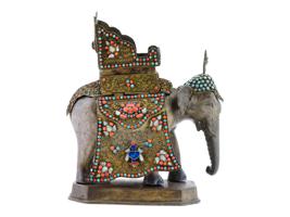 ANTIQUE TIBETAN BRASS GEMSTONE ELEPHANT TRINKET BOX