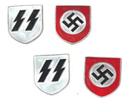 GROUP OF 4 GERMAN WWII SHIELDS FOR SS PITH HELMET