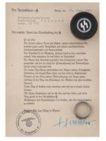 GERMAN WWII SS HONOR RING WITH AWARD CERTIFICATE