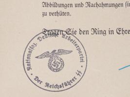 GERMAN WWII SS HONOR RING WITH AWARD CERTIFICATE