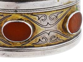 ANTIQUE TURKMEN GILT SILVER CARNELIAN CUFF BRACELETS