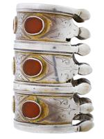 ANTIQUE TURKMEN GILT SILVER CARNELIAN CUFF BRACELETS