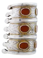 ANTIQUE TURKMEN GILT SILVER CARNELIAN CUFF BRACELETS