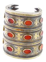 ANTIQUE TURKMEN GILT SILVER CARNELIAN CUFF BRACELETS