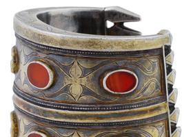 ANTIQUE TURKMEN GILT SILVER CARNELIAN CUFF BRACELETS