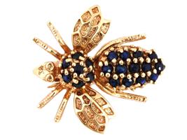 VINTAGE 14K GOLD BEE JEWELRY BROOCH WITH SAPPHIRES