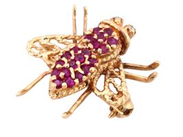 VINTAGE 14K GOLD BEE JEWELRY BROOCH WITH RUBIES