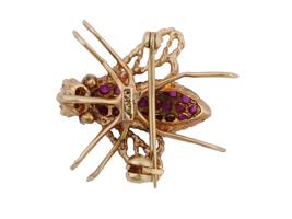 VINTAGE 14K GOLD BEE JEWELRY BROOCH WITH RUBIES