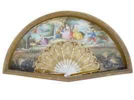 LARGE ANTIQUE FRENCH PEARL HAND PAINTED FAN FRAMED