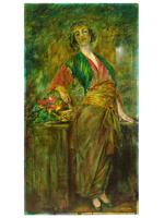 LARGE SIGNED OIL PAINTING OF GYPSY W FLOWERS C 1900