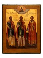 ANTIQUE 19 C RUSSIAN ORTHODOX ICON OF THREE SAINTS