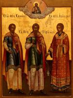 ANTIQUE 19 C RUSSIAN ORTHODOX ICON OF THREE SAINTS