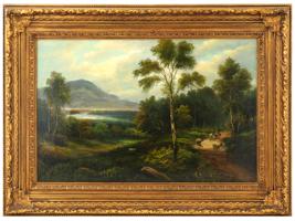 ANTIQUE FOREST AND MOUNTAIN LANDSCAPE OIL PAINTING