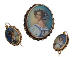 14K GOLD HAND PAINTED PORCELAIN VICTORIAN JEWELRY SET