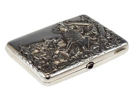 LARGE ANTIQUE RUSSIAN SILVER CIGARETTE CASE BOGATYR