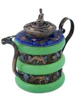 CHINESE TIBETAN SILVER CARVED JADE ENAMEL TEA POT