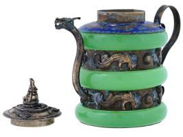 CHINESE TIBETAN SILVER CARVED JADE ENAMEL TEA POT