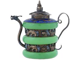 CHINESE TIBETAN SILVER CARVED JADE ENAMEL TEA POT