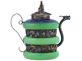 CHINESE TIBETAN SILVER CARVED JADE ENAMEL TEA POT