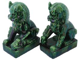 LARGE CHINESE GREEN GLAZED CERAMIC FOO DOGS FIGURES