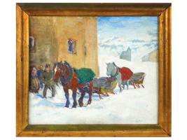 AUSTRIAN WINTER HORSES OIL PAINTING BY OSWALD ROUX