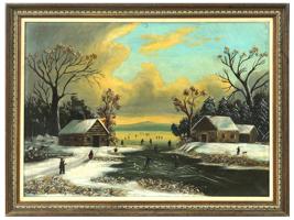 ANTIQUE AMERICAN SCHOOL WINTER SCENE PAINTING FRAMED