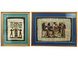 VINTAGE EGYPTIAN COURT SCENE PAINTINGS ON PAPYRUS