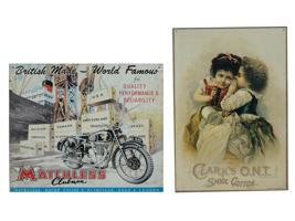 ANTIQUE TIN ADVERTISING SIGNS MOTORCYCLES AND COTTON