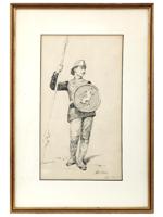 ANTIQUE INK DRAWING MEDIEVAL SOLDIER BY HOLLOWAY
