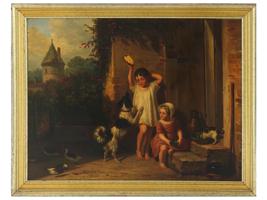 ANTIQUE 19TH C OIL PAINTING OF CHILDREN WITH PETS