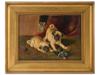 ANTIQUE 19TH C OIL PAINTING OF TWO PUGS AND A CAT PIC-0