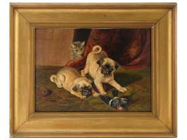 ANTIQUE 19TH C OIL PAINTING OF TWO PUGS AND A CAT