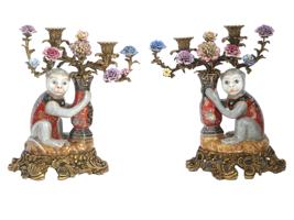 VINTAGE CHINESE BRONZE PORCELAIN MONKEY CANDELABRAS