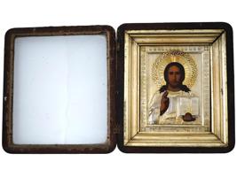 ANTIQUE RUSSIAN ICON OF CHRIST IN SILVER RIZA AND KIOT