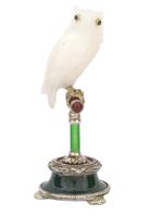 RUSSIAN SILVER GUILLOCHE ENAMEL JADE OWL FIGURINE