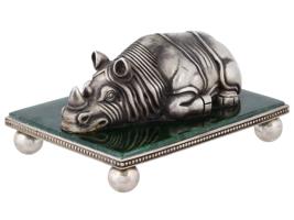 RUSSIAN SILVER AND JADE STONE FIGURINE OF A RHINO