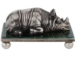 RUSSIAN SILVER AND JADE STONE FIGURINE OF A RHINO