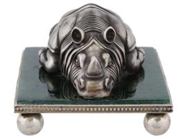 RUSSIAN SILVER AND JADE STONE FIGURINE OF A RHINO