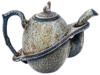 VINTAGE CHINESE CERAMIC GLAZED BEIGE BLUE TEAPOT PIC-3