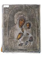 ANTIQUE RUSSIAN ICON VIRGIN OF TIKHVIN IN SILVER RIZA