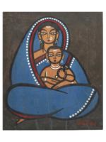 INDIAN OIL PAINTING MOTHER AND CHILD BY JAMINI ROY